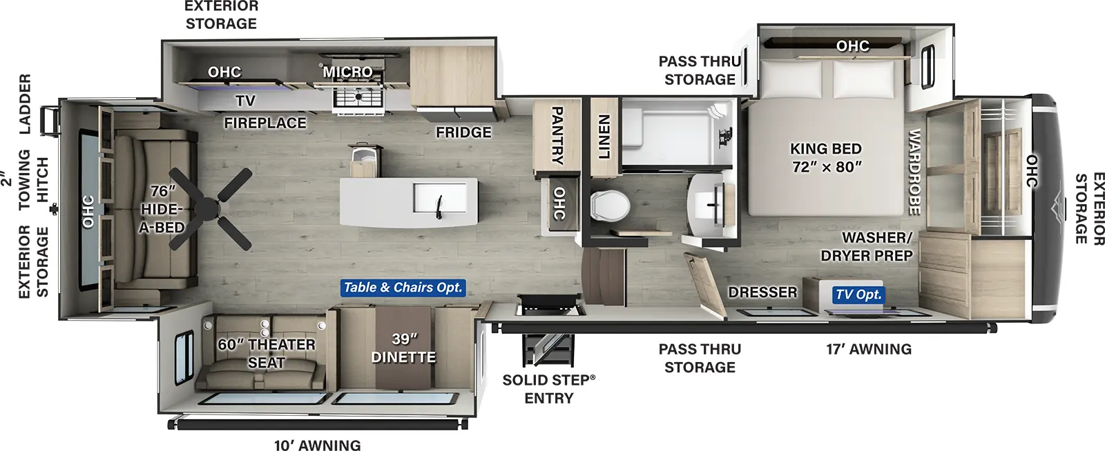 The Flagstaff Classic Fifth Wheels F361RLS has one entry and three slide outs. Exterior features include: fiberglass exterior and 10' & 17' awning. Interiors features include: kitchen island, free-standing dinette option, front bedroom and rear living.